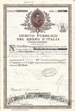 1900 * Debito Pubblico - Regno D'Italia "Umberto I - Marrone"