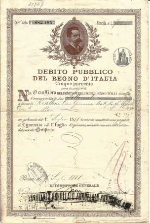 1888 * Debito Pubblico - Regno D'Italia "Umberto I - Marrone"