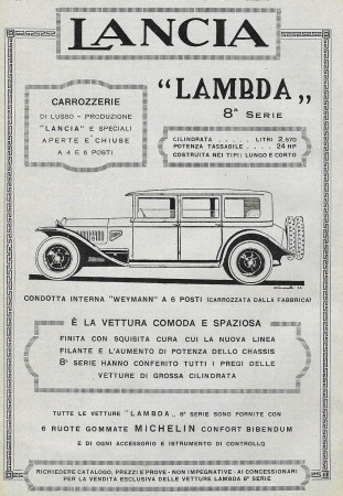 1928 * Pubblicità Originale "Lancia - Lambda 8° Serie - Weymann 6 Posti" in Passepartout