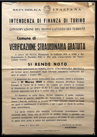 1958 * Manifesto Poster Originale "Verificazione Straordinaria Gratuita - Torino - Conservazione del Nuovo Catasto dei Terreni" Italia (B-)
