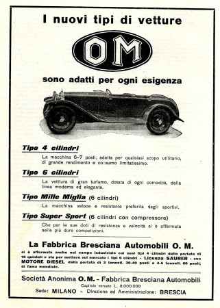 1930 * Pubblicità Originale "O.M. La Fabbrica Bresciana Automobili, Vetture Adatte per Ogni Esigenza" in Passepartout