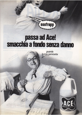 Anni ' 80  * Pubblicità Originale "Ace Detersivo, Smacchia a Fondo Senza Danno, Carla Monti" in Passepartout"