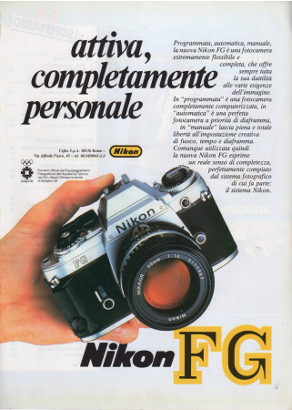 Anni ' 80 * Pubblicità Originale "Nikon FG Fotocamera, Attiva,Completamente Personale" in Passepartout