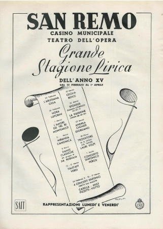 1937 * Pubblicità Originale "Casino Munic. San Remo - HRAST,  Teatro dell'Opera, Stagione Lirica" in Passepartout