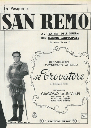 1937 * Pubblicità Originale "Teatro dell' Opera Casino Munic. San Remo, Il Trovatore, Giacomo Lauri" in Passepartout