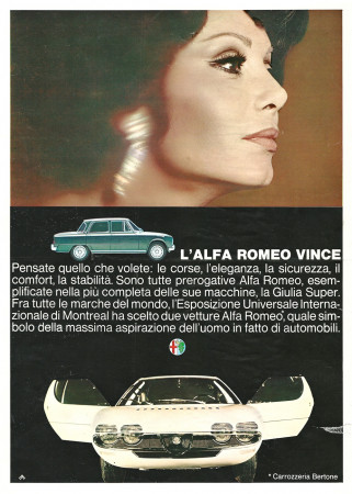 Anni '60 * Pubblicità Originale "Alfa Romeo Giulia Super, Carrozzeria Bertone, Sophia Loren" in Passepartout