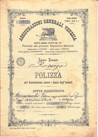 1902 * Polizza Contro Incendi  “Assicurazioni Generali Venezia” Rovigo