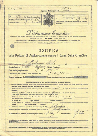 1933 * Polizza “L'Anonima Grandine” Forlì