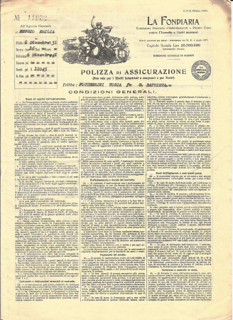 1931 * Polizza di Assicurazione Contro Incendi “La Fondiaria Reggio Emilia”