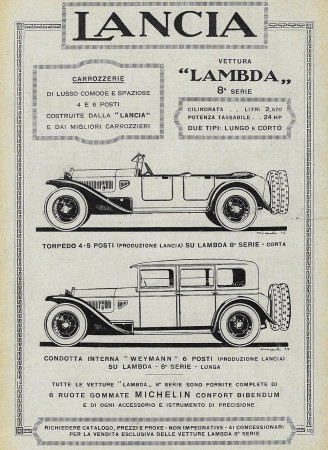 1928 * Pubblicità Originale "Lancia - Lambda 8° Serie - Torpedo 4-5 Posti" in Passepartout