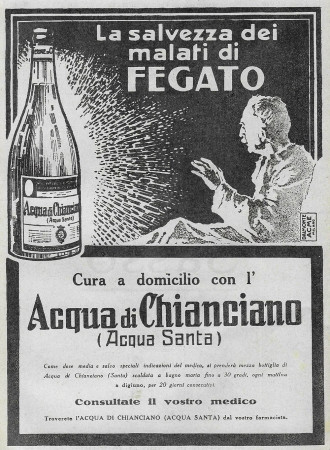 1928 * Pubblicità Originale "Acqua di Chianciano - Salvezza Dei Malati Di Fegato" in Passepartout