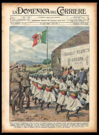 1936 * La Domenica Del Corriere (N°27) "Capitano Proto alla Scuola di Socotà" Rivista Originale