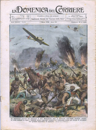 1936 * La Domenica Del Corriere (N°9) "Ritirata Guerrieri Ras Mulughietà - Tempesta di Fuoco" Rivista Originale