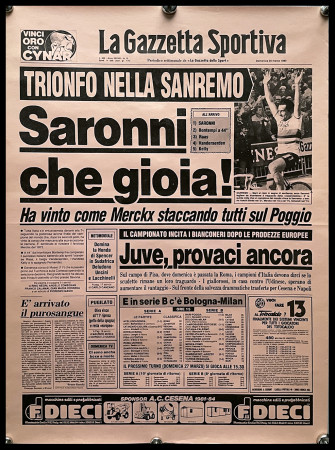 1990ca * Manifesto, Poster "Saronni che Gioia! Trionfo nella Sanremo - Gazzetta dello Sport" (A-)