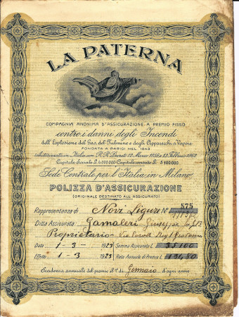 1923 * Polizza Assicurazione Contro Incendi “La Paterna Milano” Novi Ligure