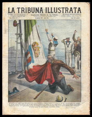 1939 * La Tribuna Illustrata (N°4) "Italiano si Inginocchia accanto alla Bandiera" Rivista Originale