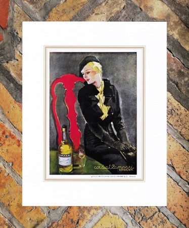 1939 * Pubblicità Originale "Campari Cordial –  BIANCHI ALBERTO, Donna Seduta" in Passepartout