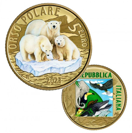 2021 * 5 Euro ITALIA "Animali in via di Estinzione - Orso Polare" COLORATO PROOF