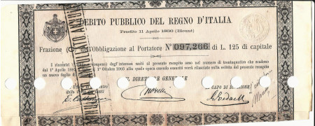 1866 * Debito Pubblico Frazione di Obbligazione - Regno D'Italia Lire 125