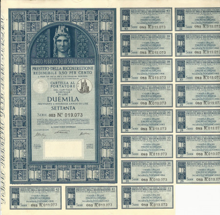 1947 * Debito Pubblico 2000 Lire Prestito Per Ricostruzione – Stato Italiano - Blu"