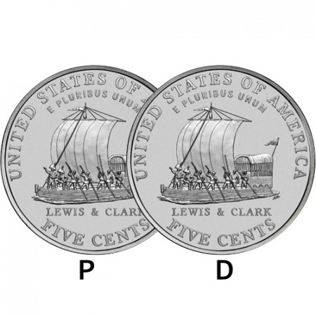 2004 * 2 x 5 Cents Nichelino di Dollaro Stati Uniti "Jefferson Nickel - Westward Journey, Keelboat" (KM 361) P+D