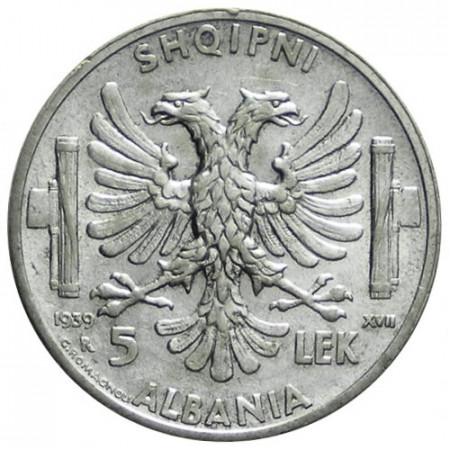 1939 XVII * 5 Lek Argento Albania "Vittorio Emanuele III" Occupazione Italiana (KM 33) SPL