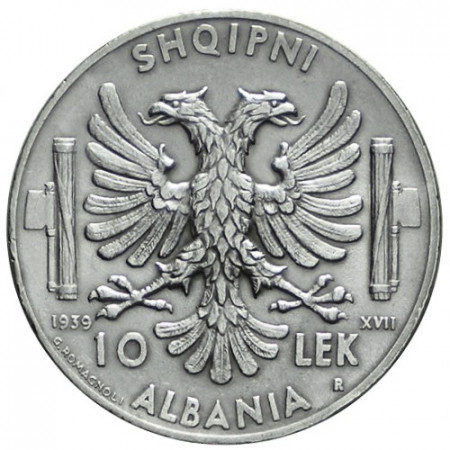 1939 XVII * 10 Lek Argento Albania "Vittorio Emanuele III" Occupazione Italiana (KM 34) SPL+