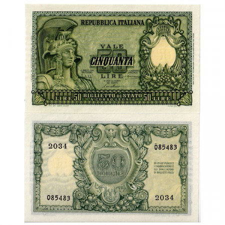 1951 * Banconota Italia Repubblica 50 Lire "Italia Elmata" BS.267 (p91a) FDS