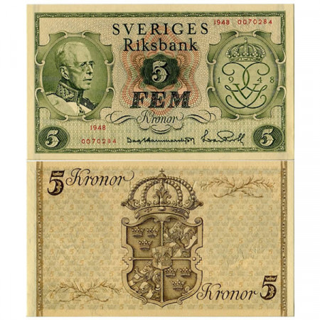 1948 * Banconota Svezia 5 Kronor “90° Kg Gustaf V” (p41a) FDS