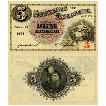 1952 * Banconota Svezia 5 Kronor “Madre Svea - Gustav Vasa” (p33ai) FDS