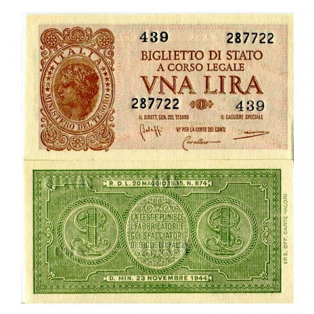 1944 * Banconota Italia Luogotenenza 1 Lira "Laureata - Bolaffi" BS.18 (p29b) SPL+
