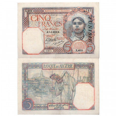 1933 * Banconota Tunisia 5 franchi MB