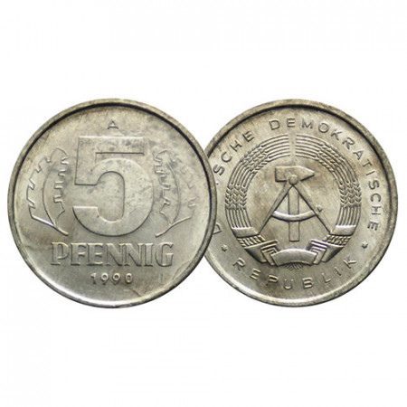 1990 A * 5 Pfennig GERMANIA DDR Repubblica Democratica "Hammer and Compass" (KM 9.2) SPL+