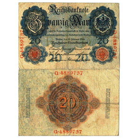 1914 * Banconota Germania Impero 20 Mark "Secondo Reich - 7 Digit Serial" (p46b) MB