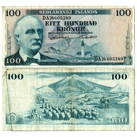 L.1961 * Banconota Islanda 100 Kronur "Tryggvi Gunnarsson; Hólar in Hjalta Valley" (p44) BB