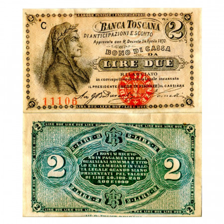 1870 (24/04) * Banconota Italia Regno 2 Lire "Banca Toscana - Firenze" (G 387 - U 14) SPL+