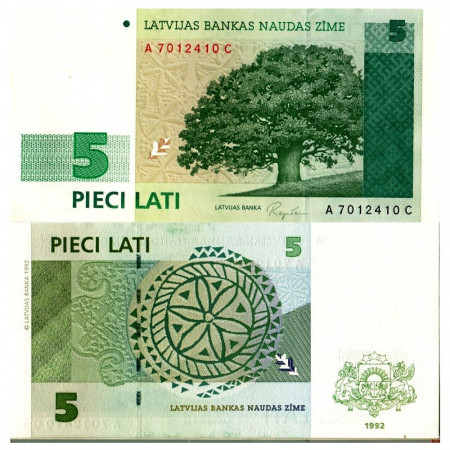 1992 * Banconota Lettonia 5 Rublu "Oak Tree" (p43) FDS