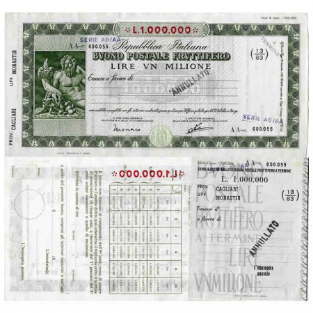 1926 * Buono Postale Fruttifero Italia 1 Milione - 1.000.000 Lire "Cagliari - Monastir - Annullato" SPL