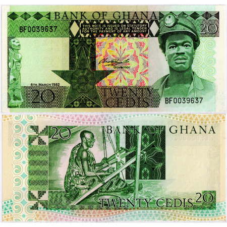 1982 * Banconota Ghana 20 Cedis "Miner - Weaver" (p21c) FDS