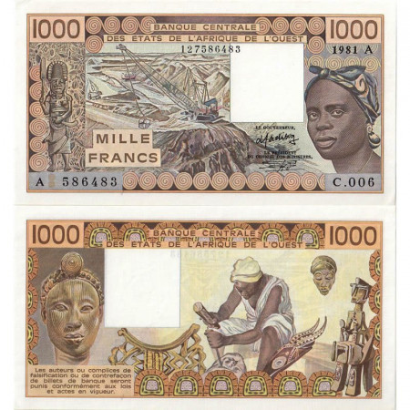 1981 A * Banconota Stati Africa Occidentale "Costa d'Avorio" 1000 Francs "Mining" (p107Ab) FDS