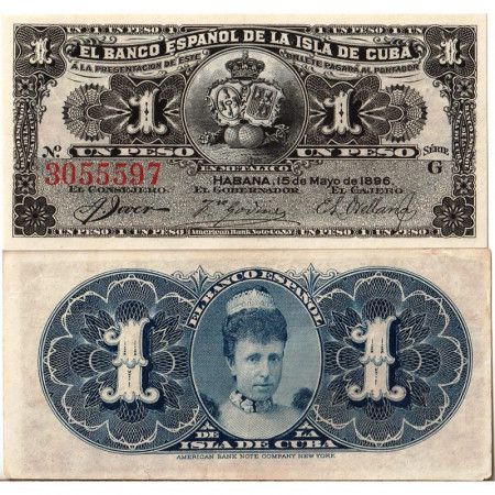 1896 * Banconota Cuba 1 Peso "Queen Regent Maria Cristina" (p47a) qFDS