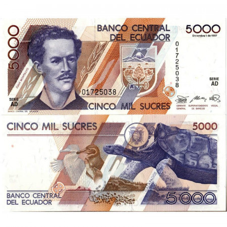 1987 * Banconota Ecuador 5000 Sucres "Juan Montalvo" (p126a) FDS