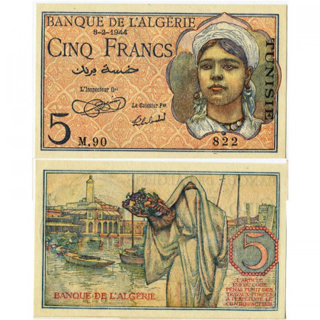 1944 * Banconota Tunisia 5 Francs "Woman" (p15) qFDS