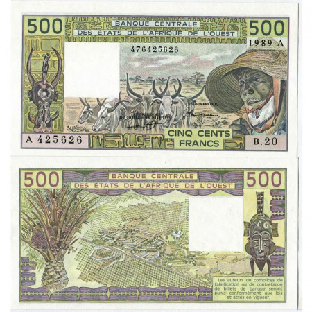 1989 A * Banconota Stati Africa Occidentale "Costa d'Avorio" 500 Francs "Zebus" (p106Am) FDS