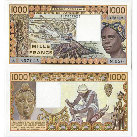 1989 A * Banconota Stati Africa Occidentale "Costa d'Avorio" 1000 Francs "Woman - Carver" (p107Ai) qFDS