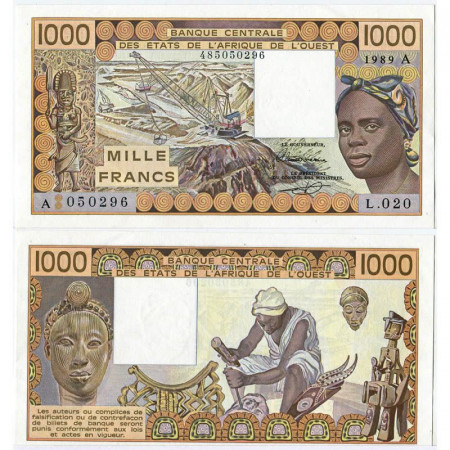 1989 A * Banconota Stati Africa Occidentale "Costa d'Avorio" 1000 Francs "Mining" (p107Ai) FDS