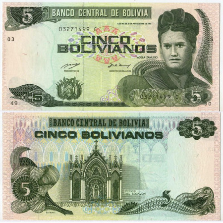 1986 * Banconota Bolivia 5 Bolivianos "Adela Zamudio" (p209) FDS