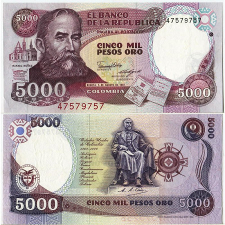 1987 * Banconota Colombia 5000 Pesos Oro "Rafael Nunez" (p435a) FDS