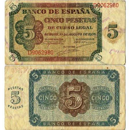1938 * Banconota Spagna 5 Pesetas "Burgos" (p110a) BB+