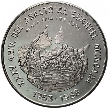 1988 * 10 Pesos 1 OZ Argento Cuba "XXXV Ann. Assalto alla Guarnigione di Moncada" (KM 230) PROOF